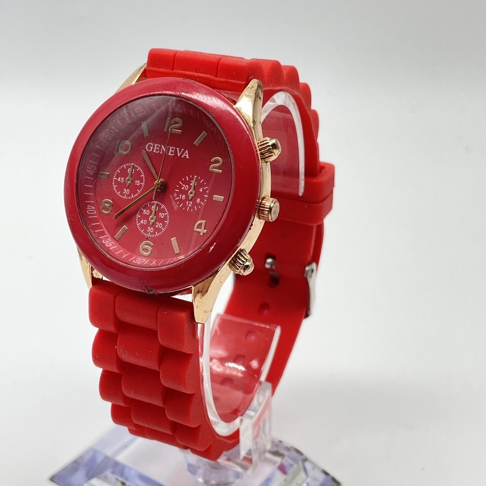 GENEVA Watch Red Dial Silicone Band Gold Tone Case Round Analog Fashion